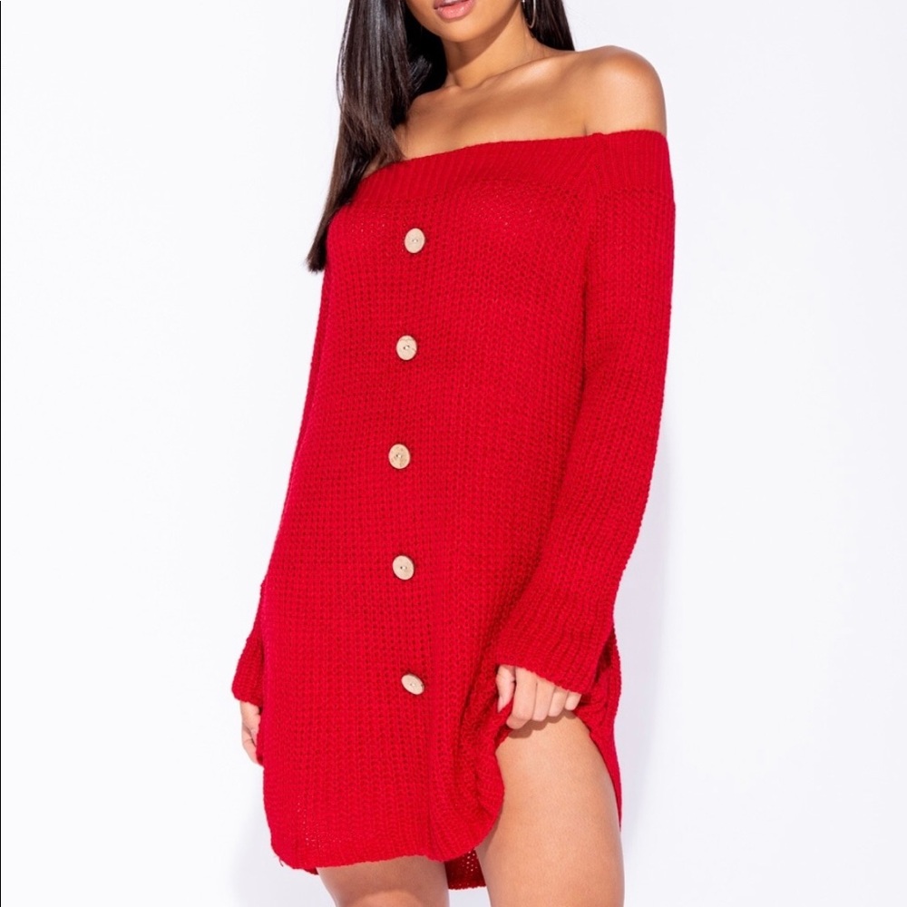 Bardot Button Front Curved Hem Knit Dress